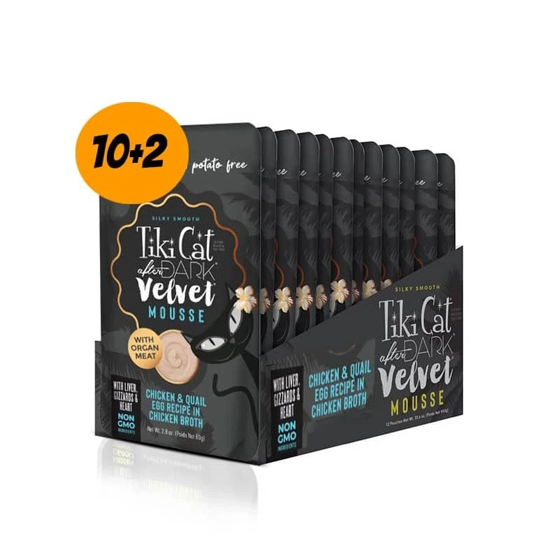 Pack 12 uni - Tiki Cat After Dark Velvet Mousse – Pollo y Huevo de codorniz