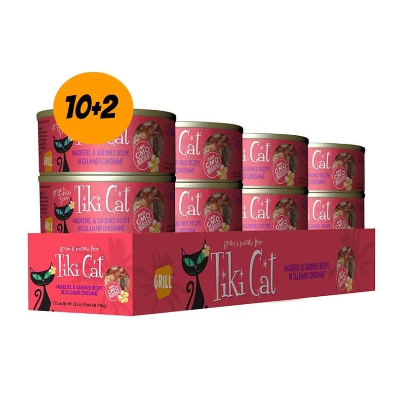 Pack 12 Latas Tiki Cat Makaha Grill Mackerel & Sardines 80g c/u
