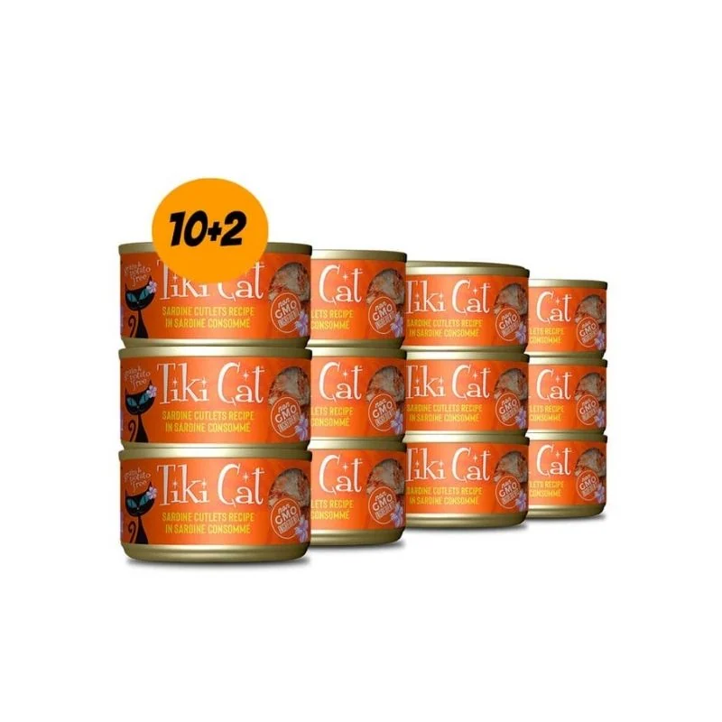 Pack 12 Latas Tiki Cat Tahitian Grill - Sardine Cutlets 80 gr c/u (Naranjo)