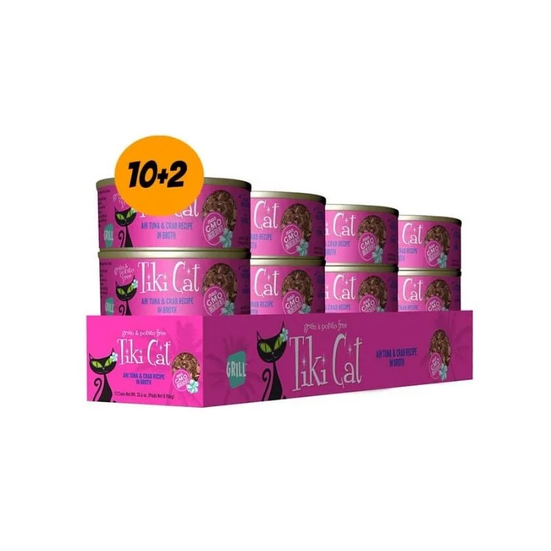 Pack 12 Latas Tiki Cat - Hana Grill - Ahi Tuna & Crab in Broth 80 g c/u (Rosado)
