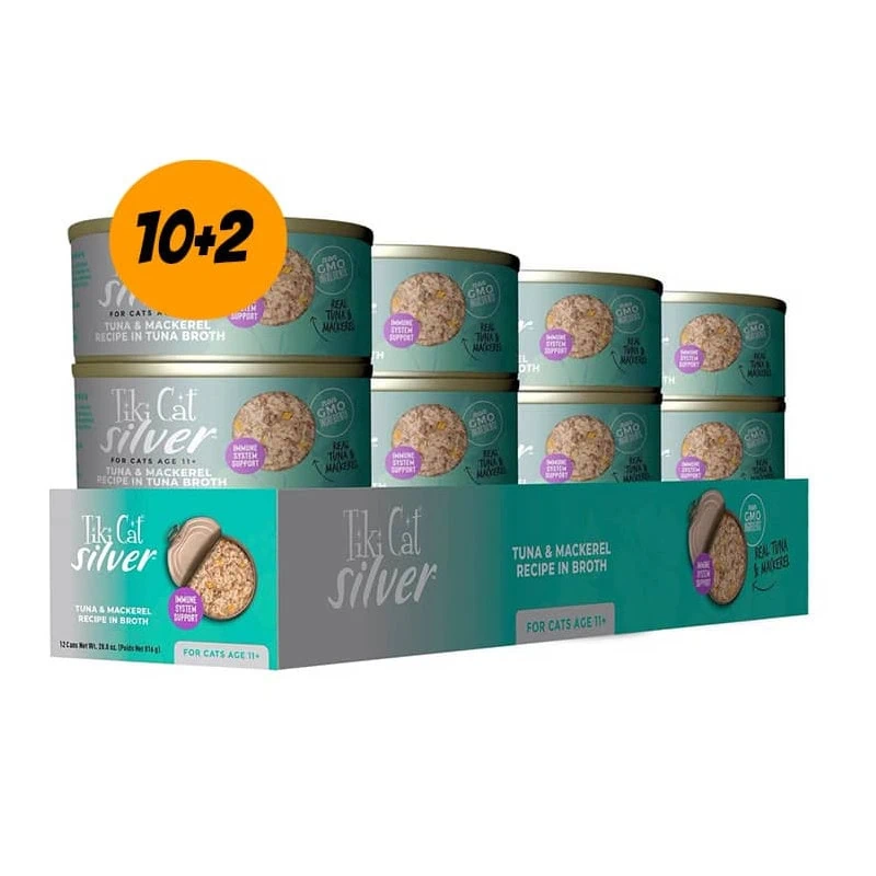 Pack de 12 latas Tiki Cat Silver Tuna and Mackerel Recipe in Broth 70 g c/u1