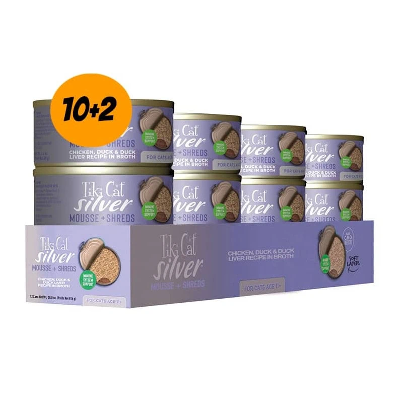 Pack de 12 latas Tiki Cat Lata Silver - Chicken, Duck and Duck Liver Recipe in broth 70 gr c/u