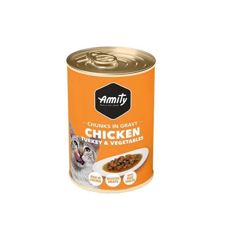 Lata Amity Gato Chunks in gravy - Pollo Pavo y Vegetales 415 gr