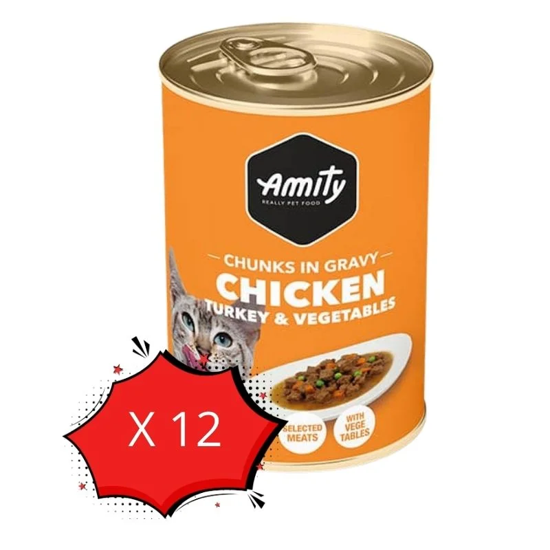 Pack 12 Latas Amity Gato Chunks in gravy - Pollo Pavo y Vegetales 415 gr c/u