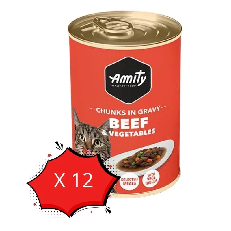 Pack 12 Latas Amity Gato Chunks in Gravy - Carne y Vegetales 415 gr c/u