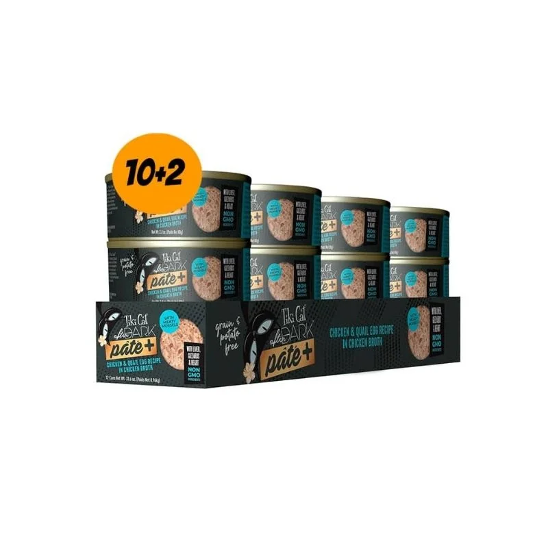 Pack 12 Tiki Cat After Dark Pate+ Chicken Quail Egg Recipe in Chicken Broth 80g c/u