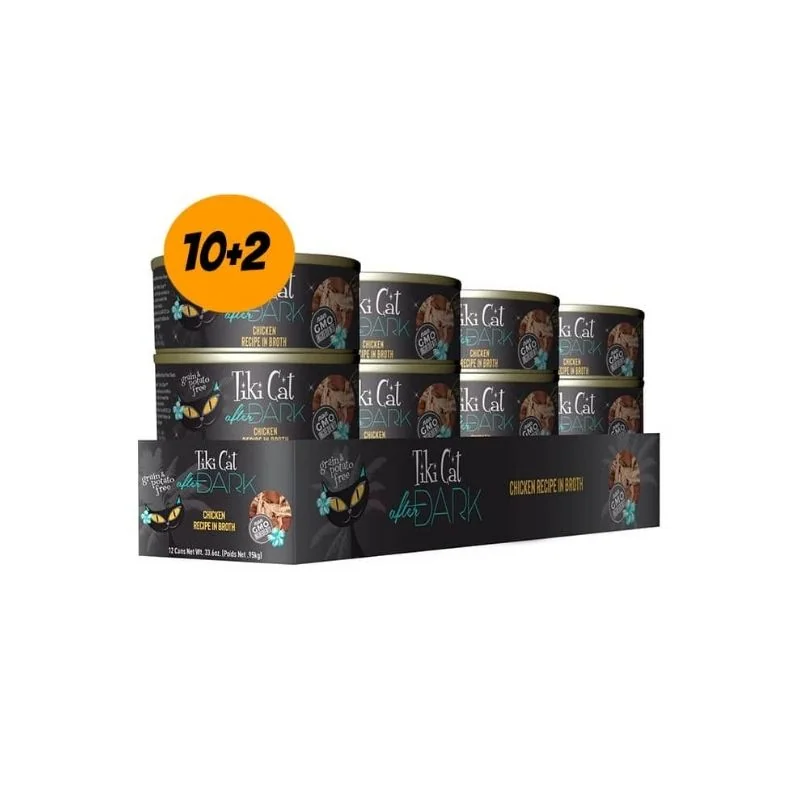 Pack 12 Tiki Cat Lata After Dark Chicken Wet Recipe in Broth 80g c/u