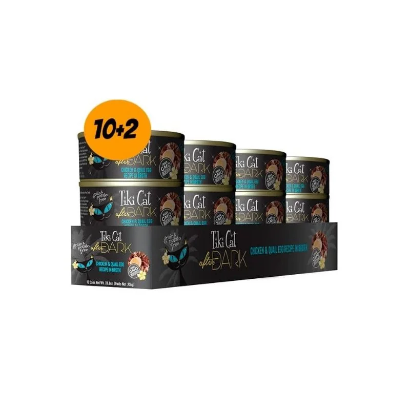 Pack 12 Tiki Cat Lata After Dark Chicken Quail Egg Recipe in Broth 80g c/u