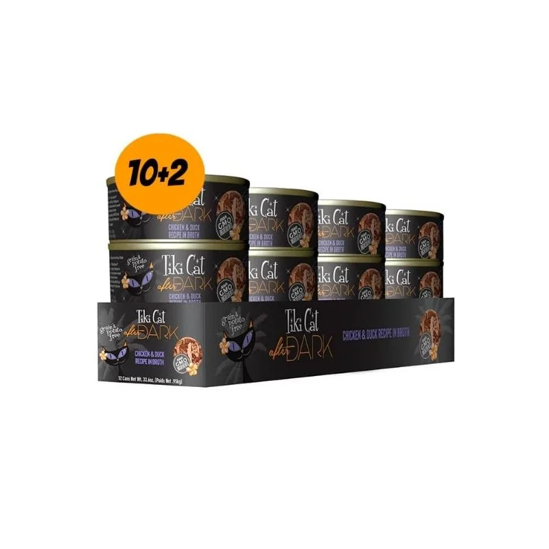 Pack 12 Tiki Cat Lata After Dark Chicken Duck Recipe in Broth 80g c/u