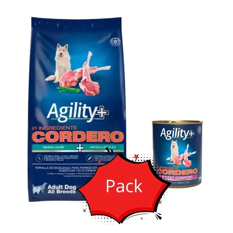 Pack 1 Agility+ Adulto Cordero 15kg + Lata Agility con Carne Cordero 340g