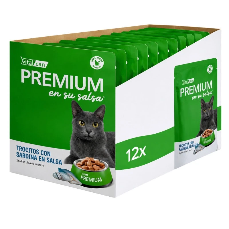 Pack 12 Pouch Vitalcan Premium Gato Adulto En Su Salsa Sardina 85 g c/u