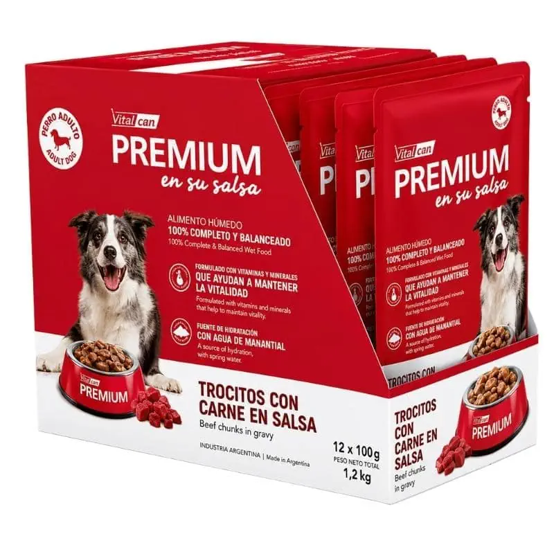 Pack 12 Pouch Vitalcan Premium Perro Adulto En Su Salsa Carne 100 g