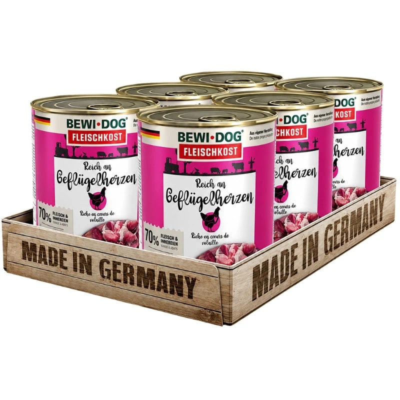 Pack 6 Latas BewiDog Corazón De Ave 800g c/u | Alimento Húmedo Para Perros