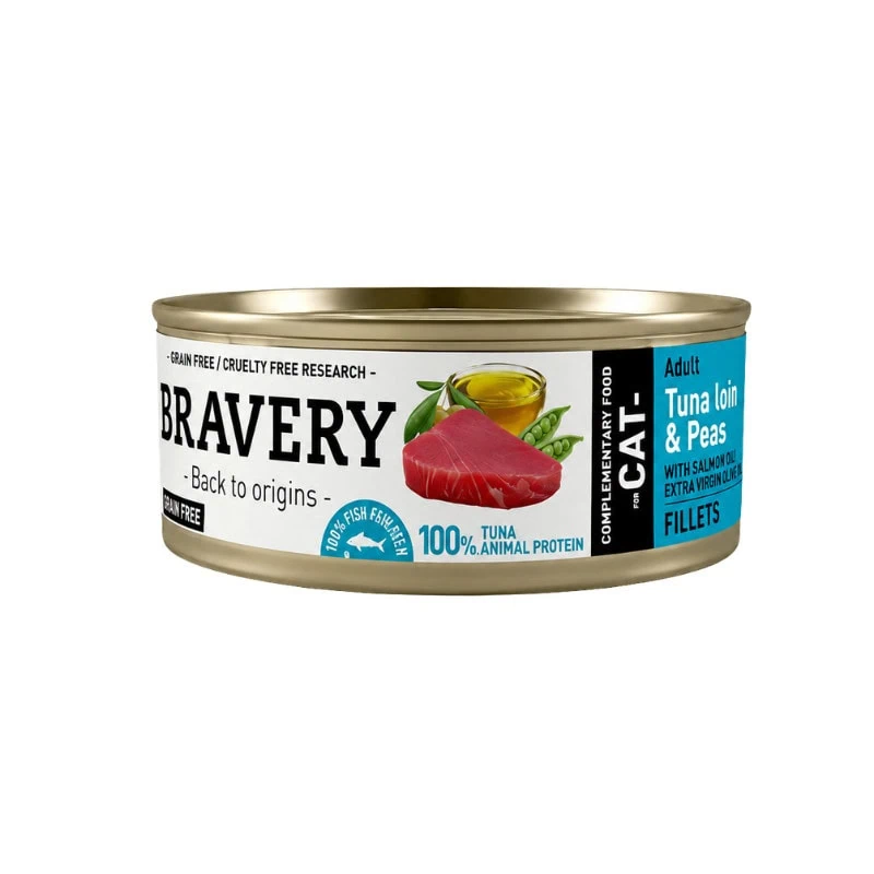 Lata Bravery Lomo De Atún Y Arvejas Para Gato Adulto 70g