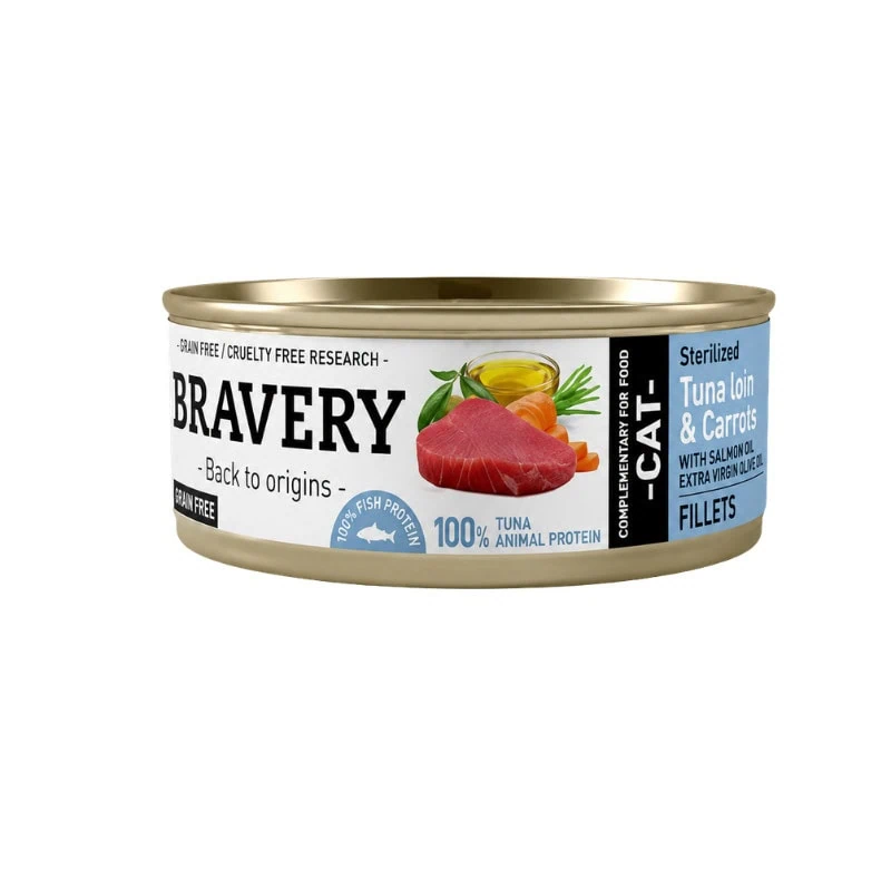 Lata Bravery Lomo De Atún Y Zanahorias Para Gatos Esterilizados 70g