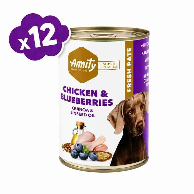 Pack 12 latas Amity Perro Adulto Pollo y Arándanos 400 gr